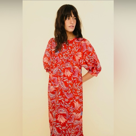 Red Paisley Print Cotton Boho Maxi fair trade vegan Button Down Dress - Picture 5 of 5